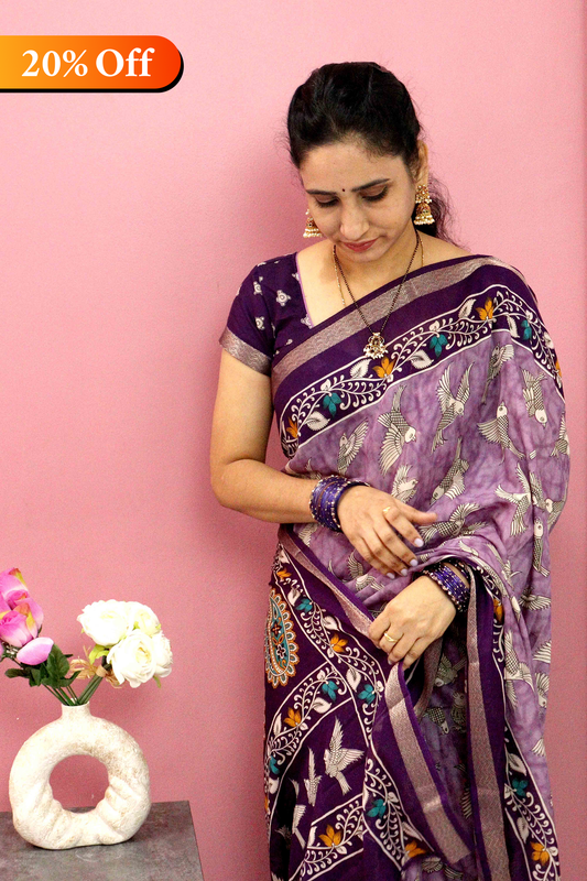 DCMS38 | Maheshwari Soft Silk Saree – Kalamkari Print with small zari border