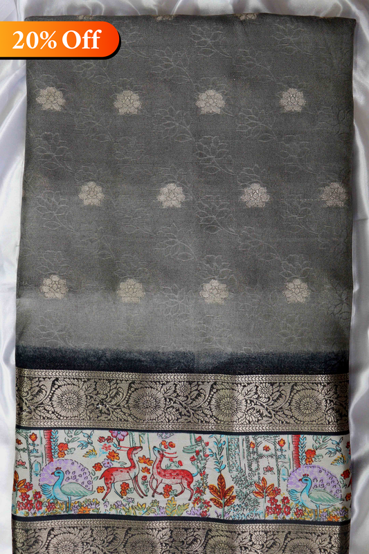 DC34 | Grey Designer Silk Saree – Double Border with Pichwai Print