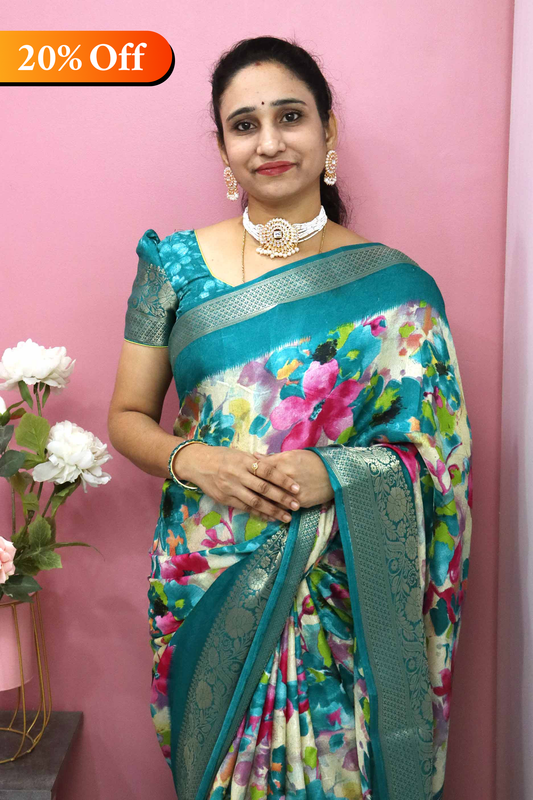 DC105 | Fancy Soft Silk Digital Floral Print Saree with Heavy Zari Border & Contrast Running Blouse
