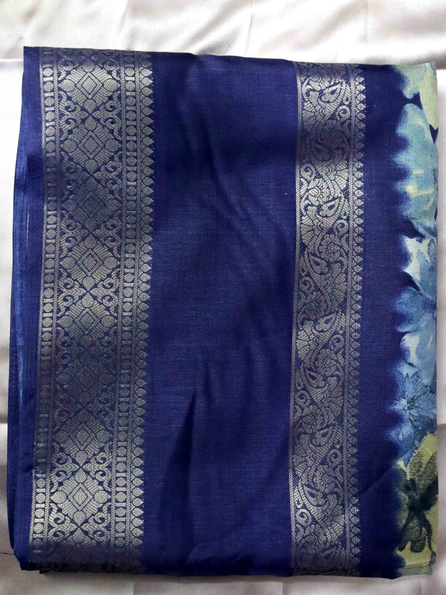 Blue Fancy Silk Saree With Jacquard Gap Border and Beautiful Floral Print