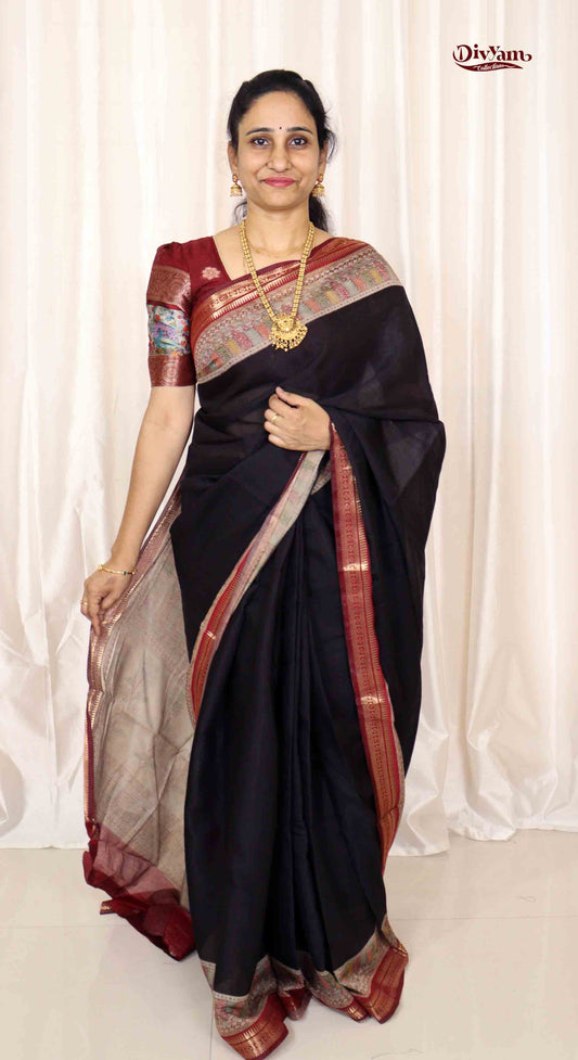 DC170 | Premium Maheshwari Cotton Saree with Narayanapet Temple Gold Zari Border | Contrast Running Blouse | 6 Colours