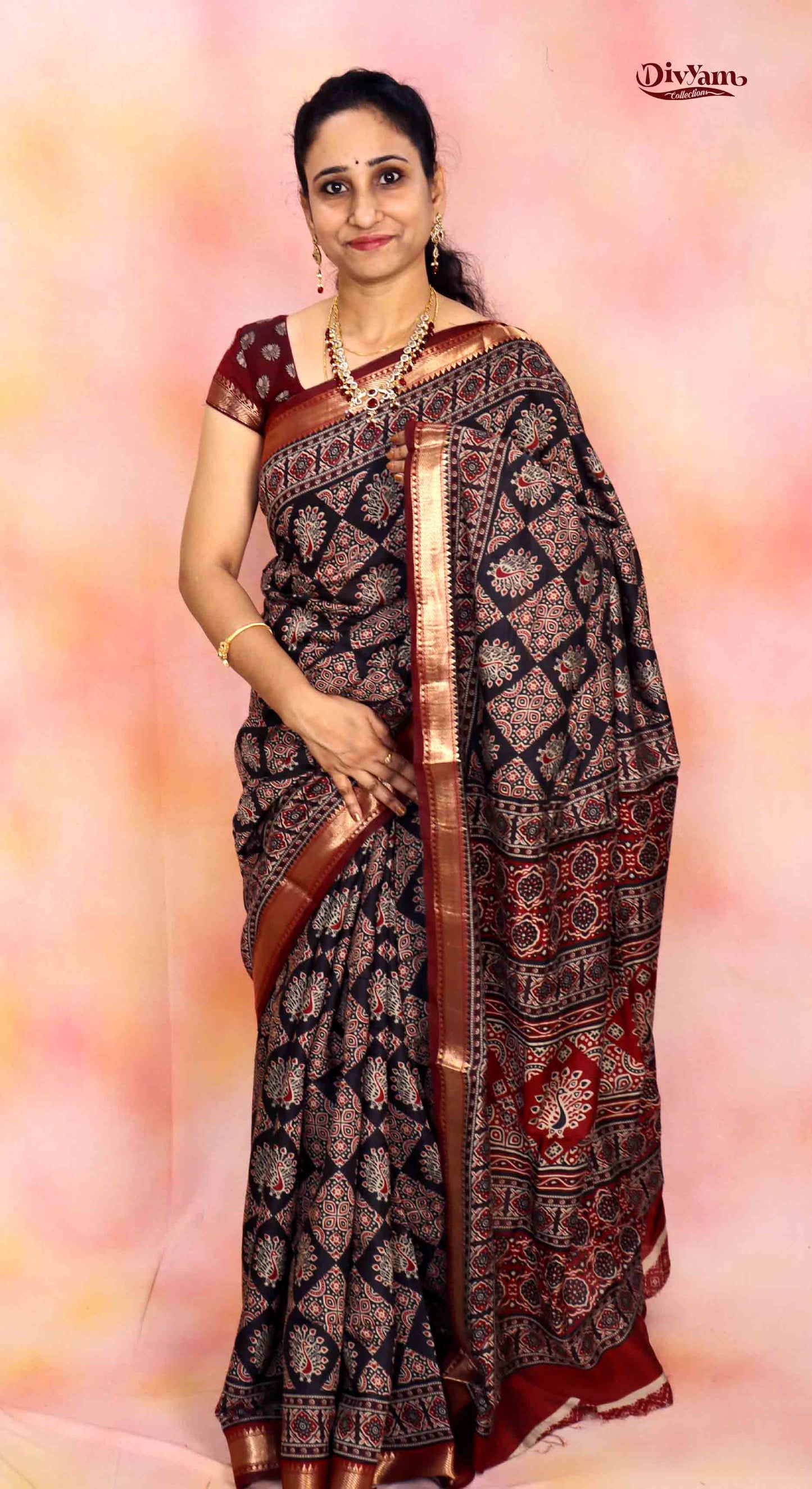DC220 | Mangalgiri Silk Saree with Traditional Ajrakh Print & Nyzam Temple Border