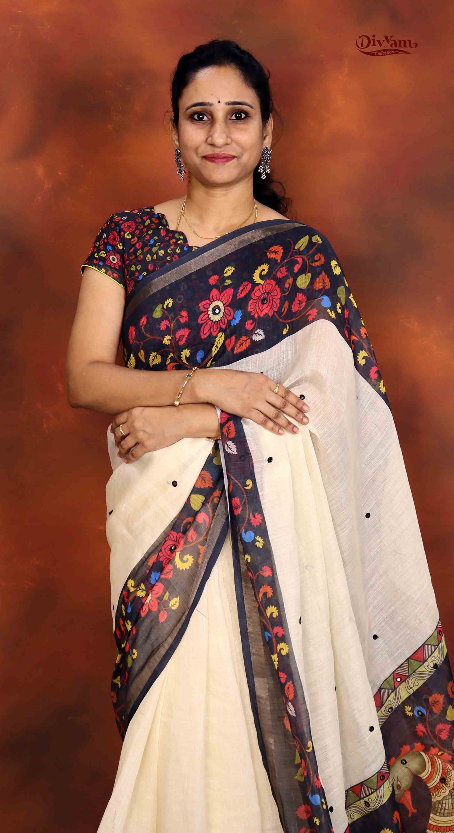 Linen Silk Saree with Contrast Kalamkari Border & Zari Piping | DC224
