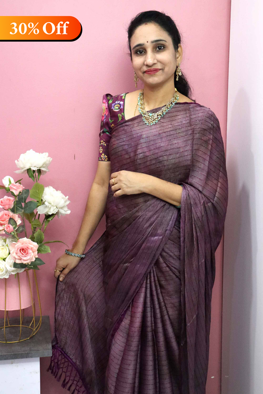 DC106 | Party Wear Brasso Saree with Thread Weaving, Tiny Sequence Work & Shibori Highlights | Tassels Pallu | Kalamkari Satin Blouse