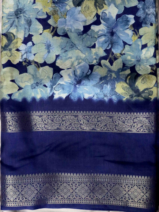 Blue Fancy Silk Saree With Jacquard Gap Border and Beautiful Floral Print