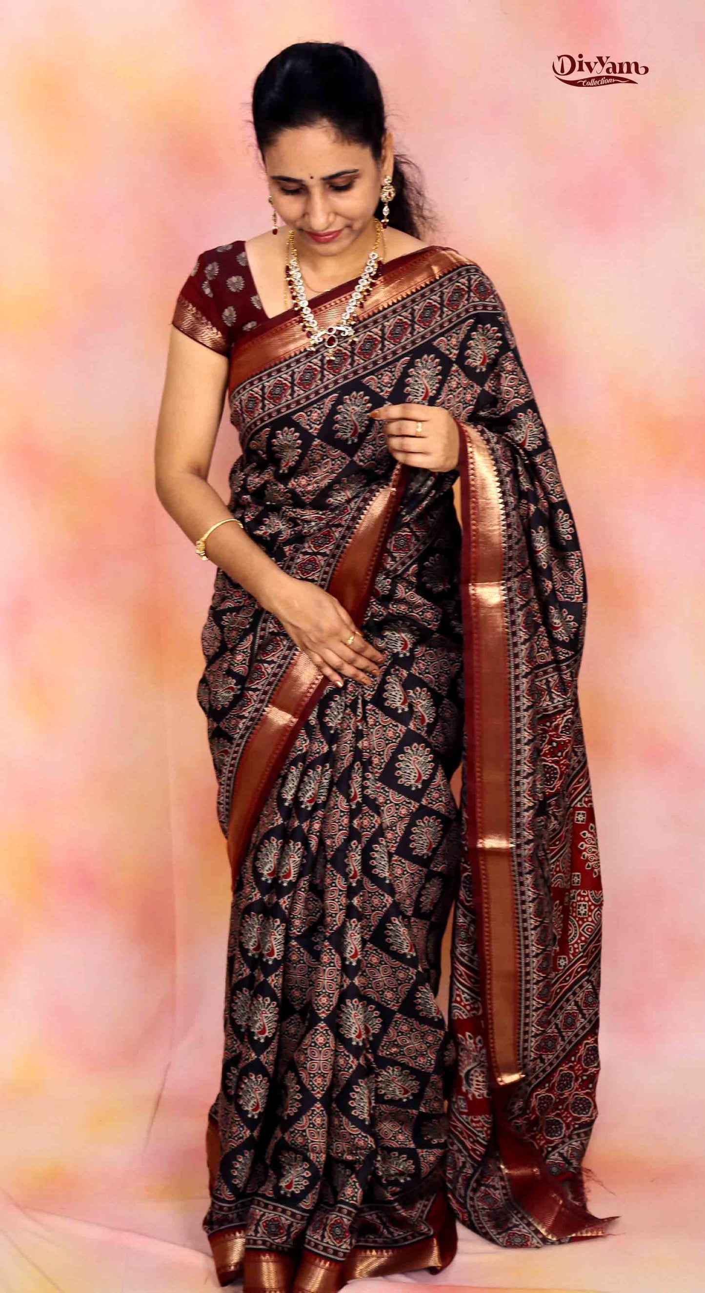 DC220 | Mangalgiri Silk Saree with Traditional Ajrakh Print & Nyzam Temple Border