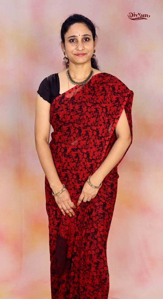 DC254 | Soft Georgette Daily Wear Saree with Red flowes with Dark Brown