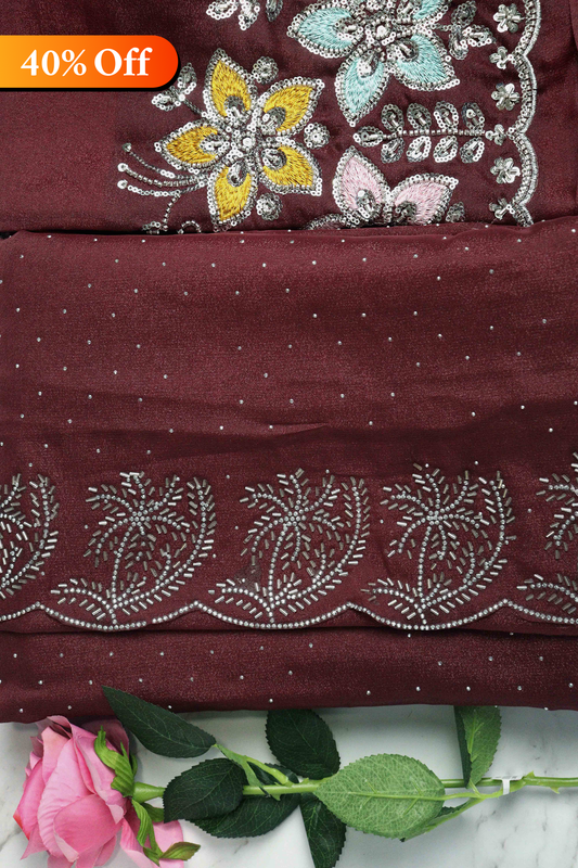DCSS37 | Maroon Stone Work Silk Saree with Swarovski & Aari Blouse