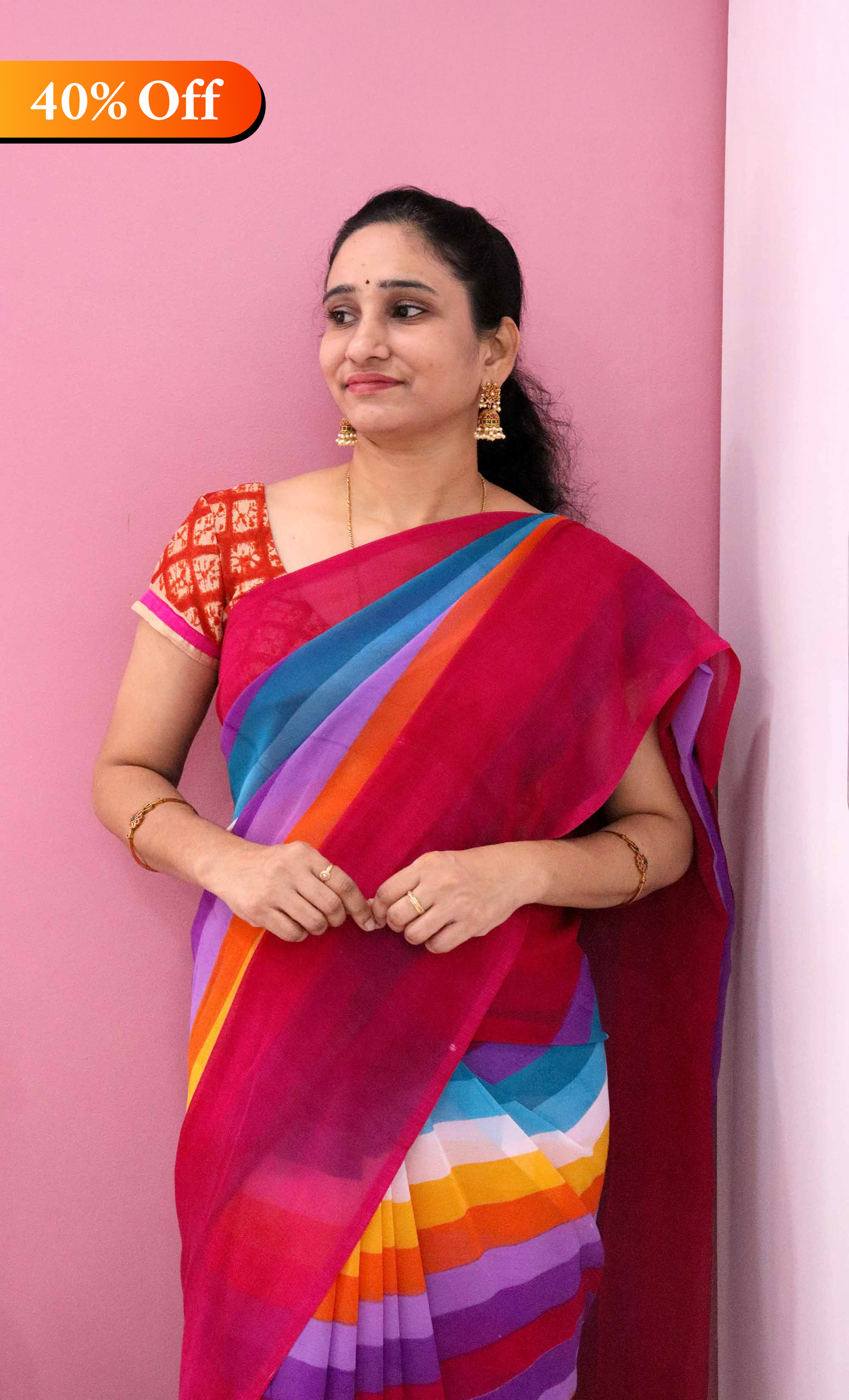 DCGE74 Rainbow Striped Georgette Saree with Floral Fancy Silk Design & Orange Hues