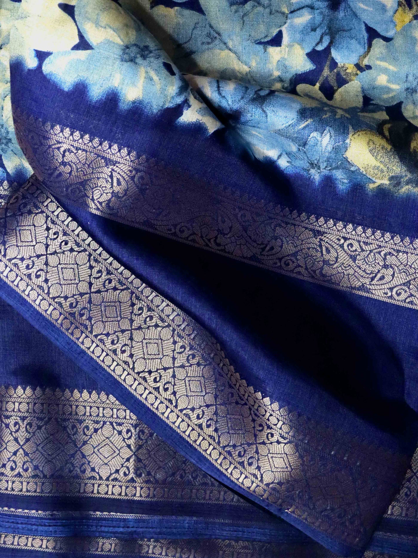 Blue Fancy Silk Saree With Jacquard Gap Border and Beautiful Floral Print