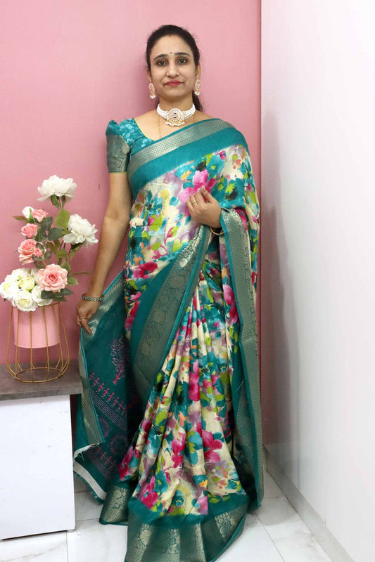 DC105 | Fancy Soft Silk Digital Floral Print Saree with Heavy Zari Border & Contrast Running Blouse