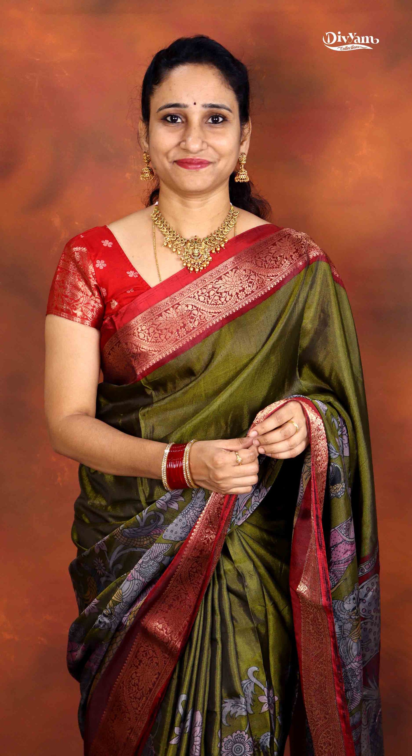 DC234 | Maheshwari Silk Saree with Floral & Dancing Dolls Kalamkari Design | Flora Zari Border
