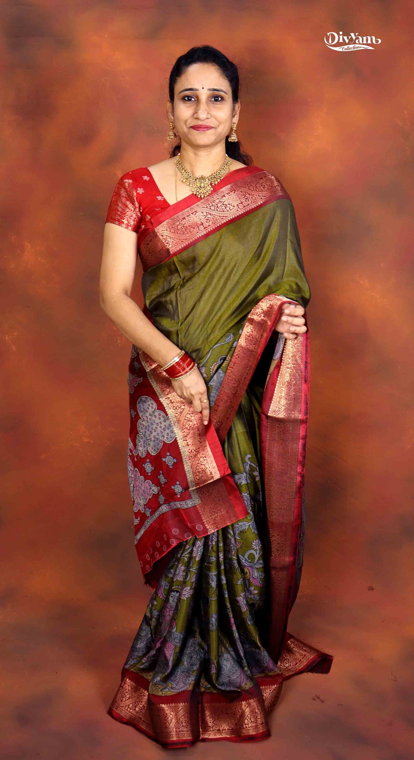 DC234 | Maheshwari Silk Saree with Floral & Dancing Dolls Kalamkari Design | Flora Zari Border
