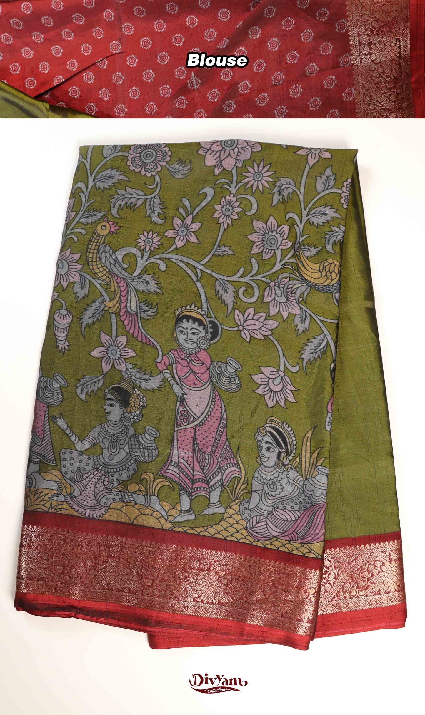 DC234 | Maheshwari Silk Saree with Floral & Dancing Dolls Kalamkari Design | Flora Zari Border