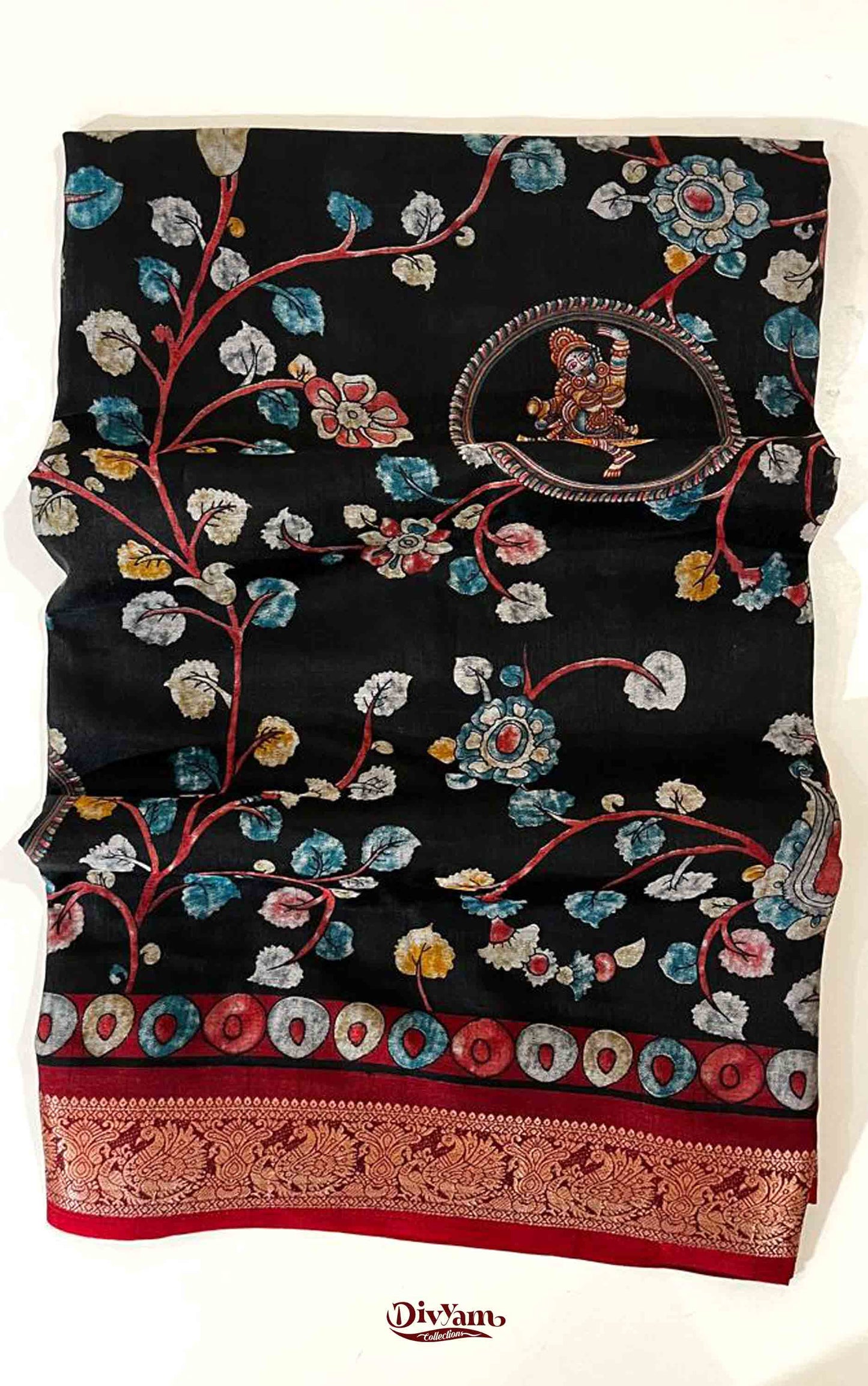 DC113 | Maheshwari Silk Saree with Kalamkari Print & Narayanapattu Hamsa Border | Running Blouse | 6 Colours