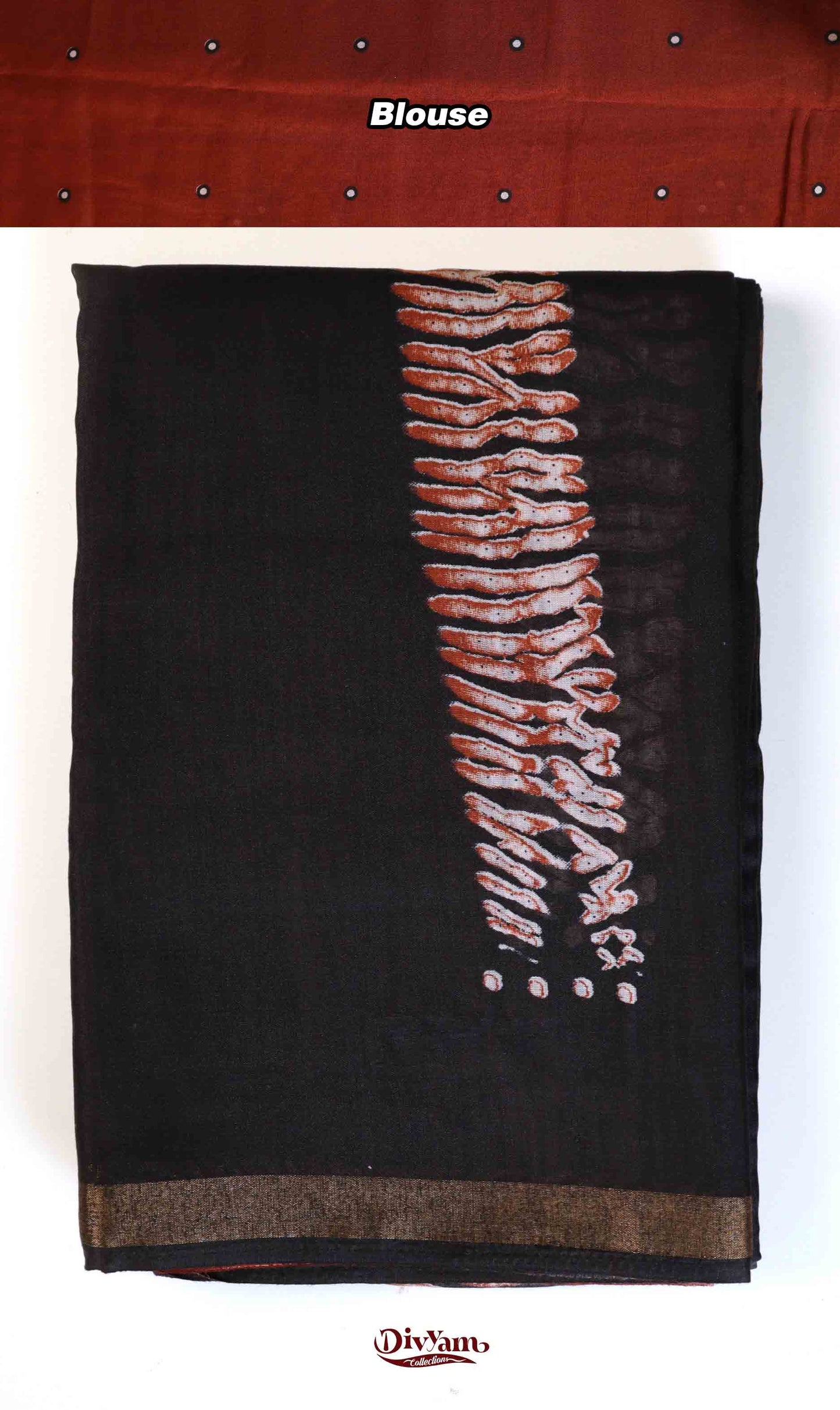 DC181 | Butterfly Journey Saree – Cotton Silk Blend | Black & Burnt Orange Elegant Combo