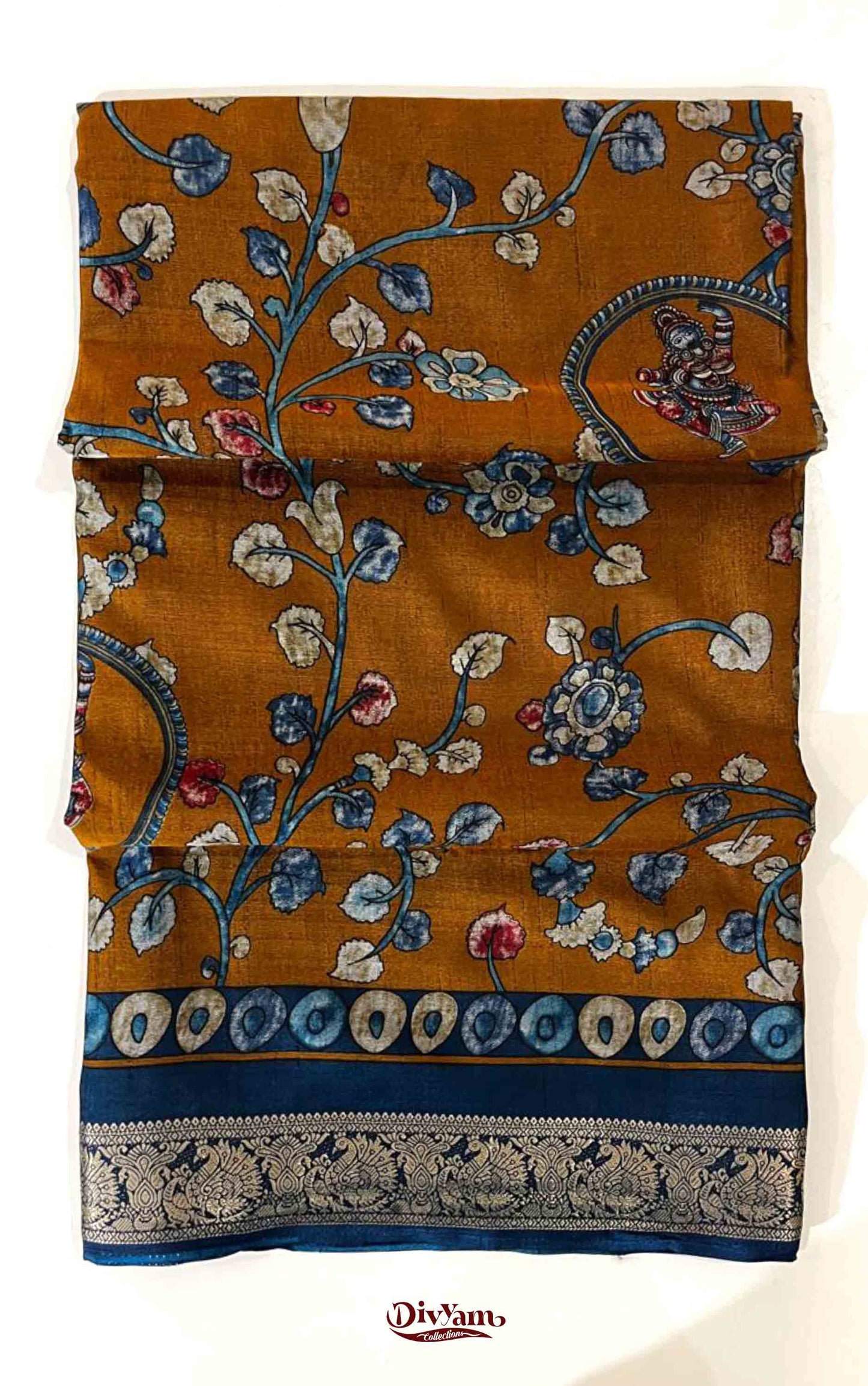 DC113 | Maheshwari Silk Saree with Kalamkari Print & Narayanapattu Hamsa Border | Running Blouse | 6 Colours