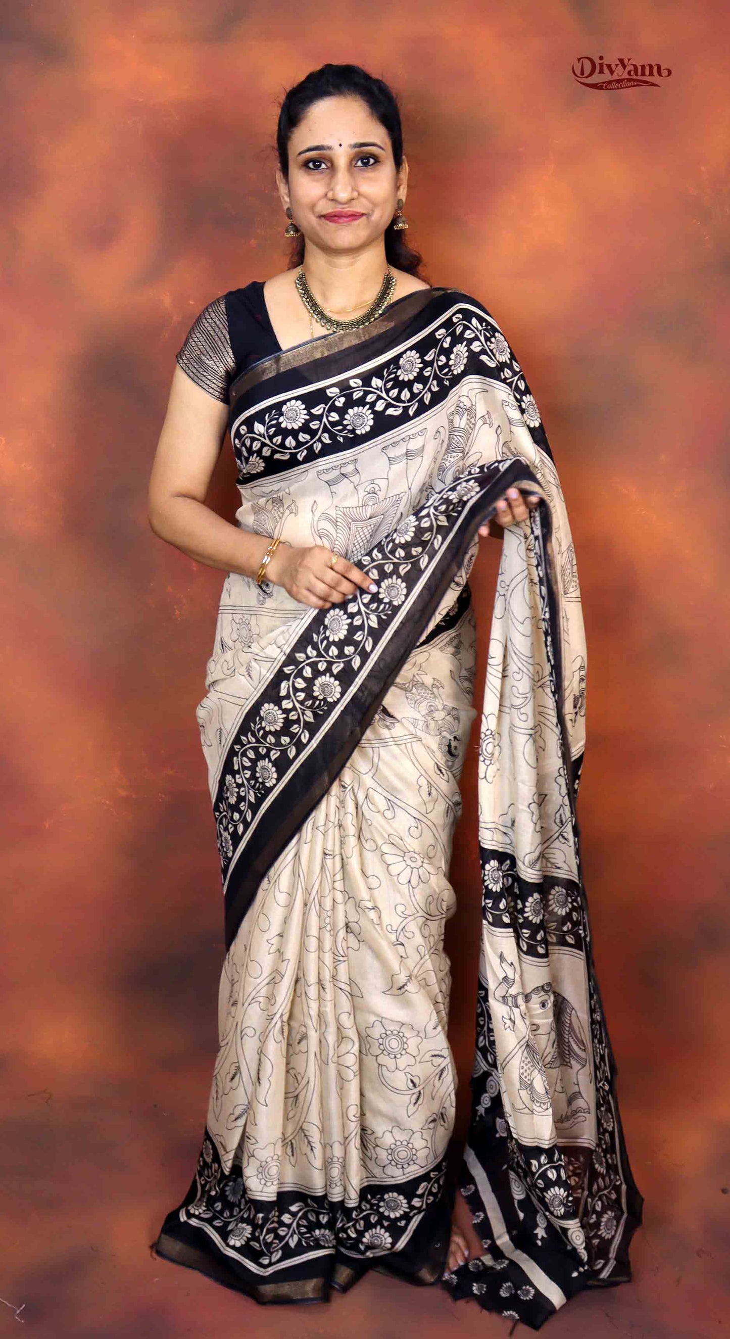 DC208 | Modal Silk Kalamkari Print Saree with Contrast Running Blouse