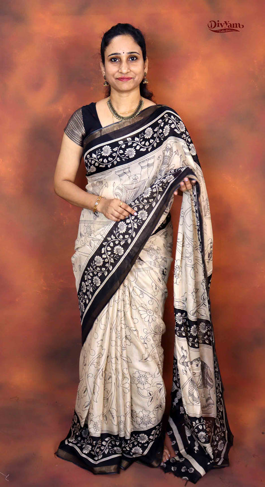 DC208 | Modal Silk Kalamkari Print Saree with Contrast Running Blouse