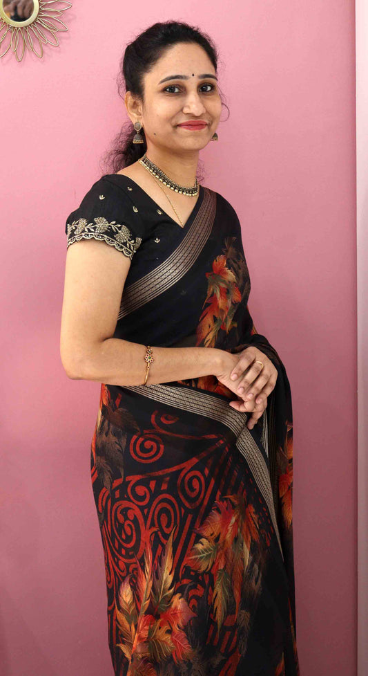 DC123 | Elegant semi visocse Georgette Saree with Zari Jacquard Border & Autumn Leaves Design – 6 Colours Catalogue