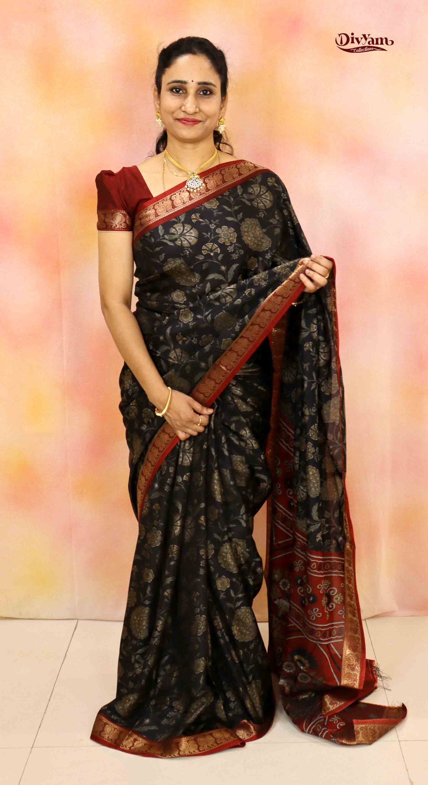 DC149| Maheshwari Silk Saree with Narayanapet & Hamsa Jari Border | Kalamkari Floral Print Saree