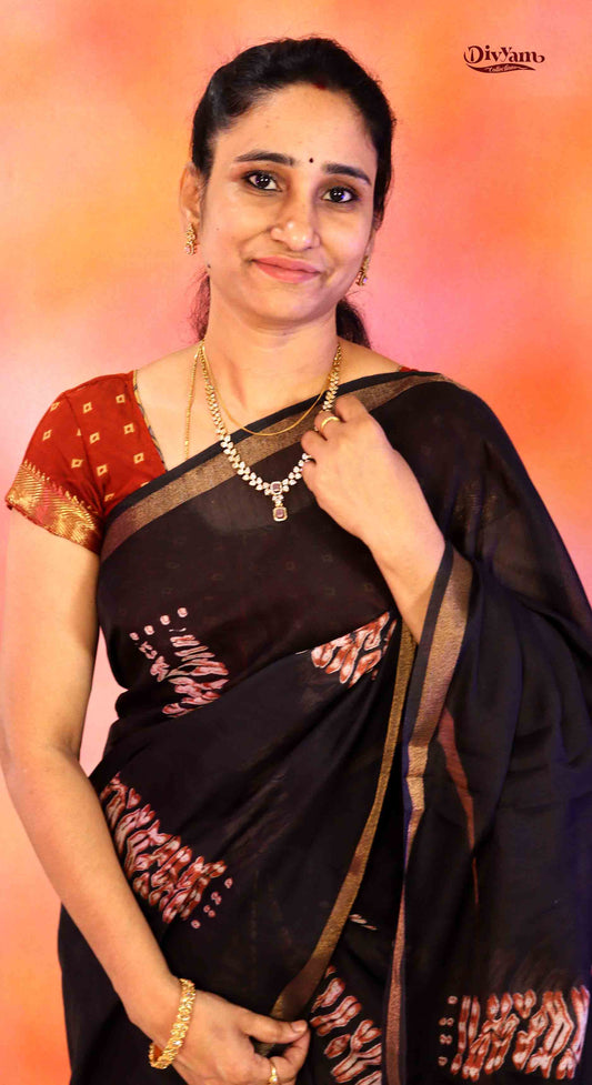 DC181 | Butterfly Journey Saree – Cotton Silk Blend | Black & Burnt Orange Elegant Combo
