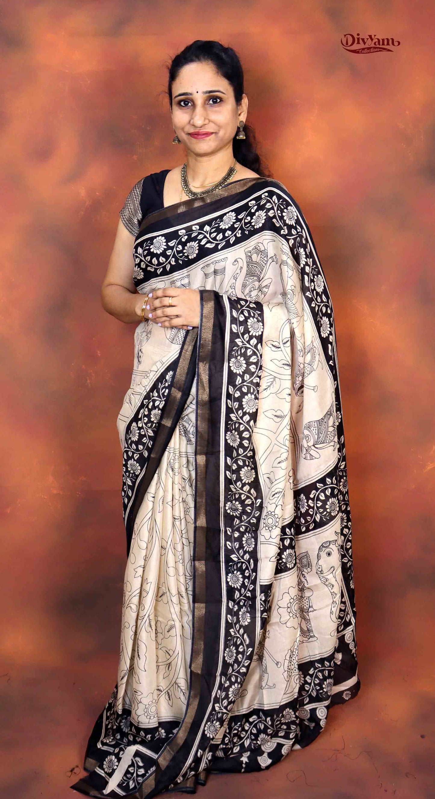 DC208 | Modal Silk Kalamkari Print Saree with Contrast Running Blouse