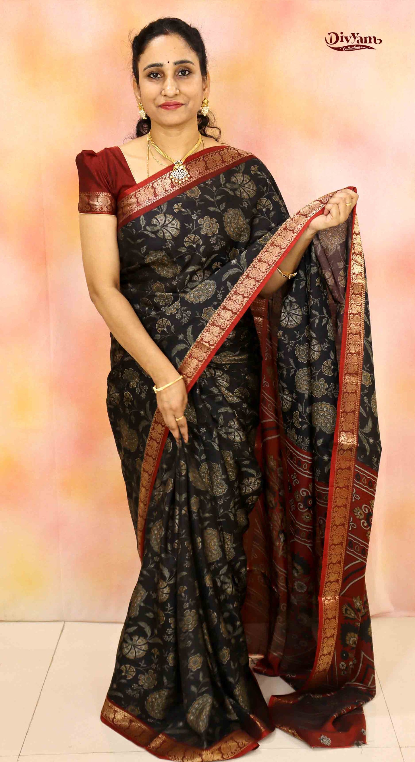 DC149| Maheshwari Silk Saree with Narayanapet & Hamsa Jari Border | Kalamkari Floral Print Saree