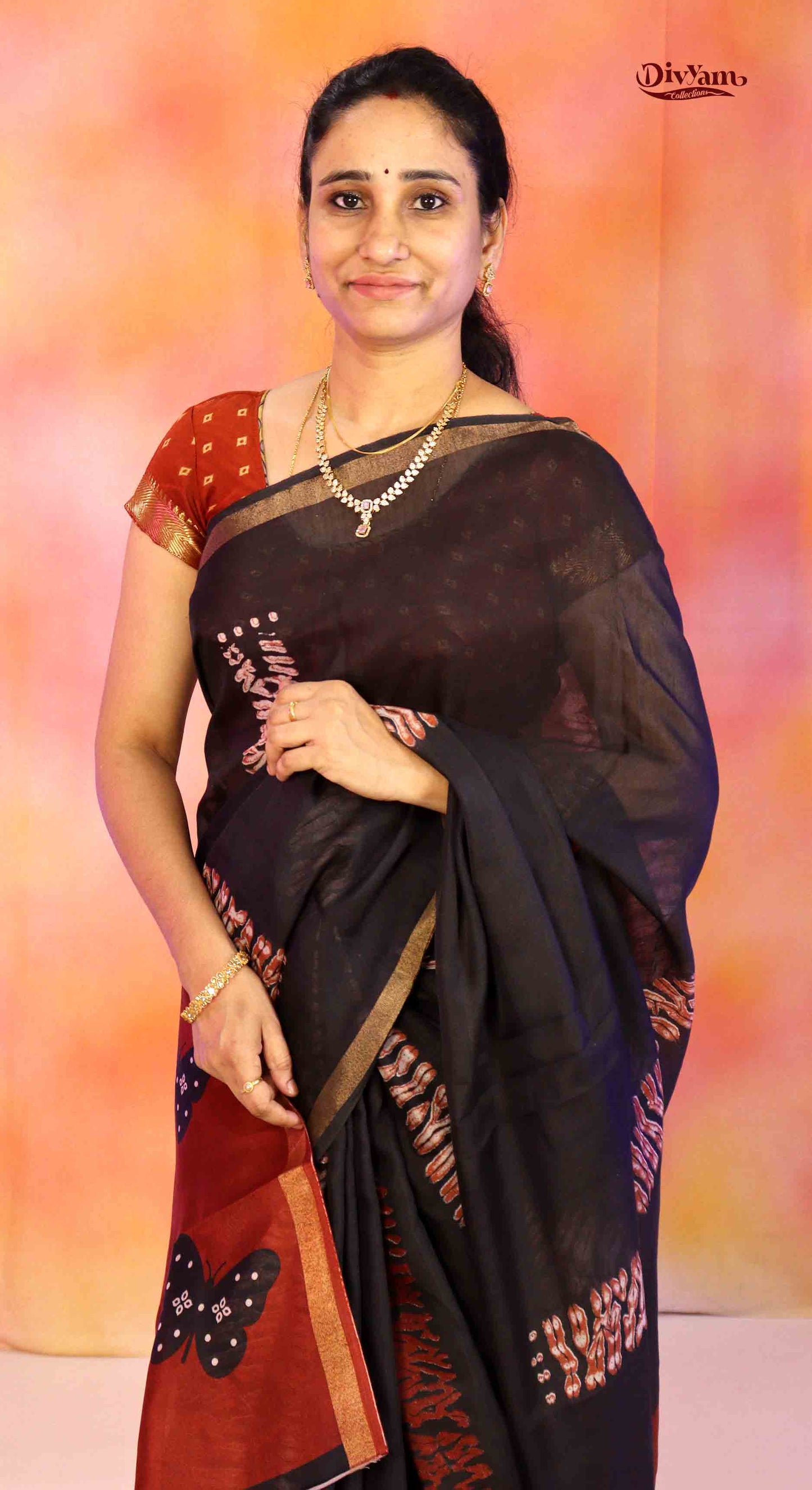 DC181 | Butterfly Journey Saree – Cotton Silk Blend | Black & Burnt Orange Elegant Combo