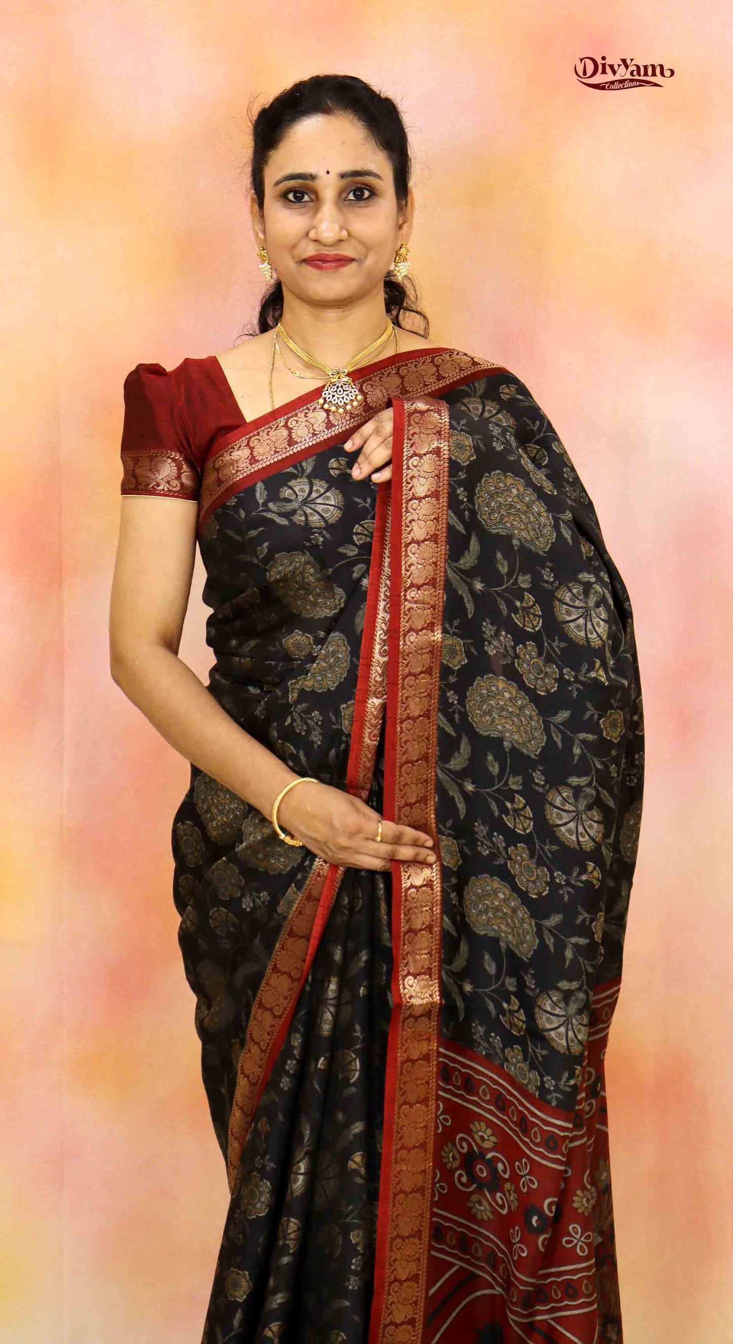 DC149| Maheshwari Silk Saree with Narayanapet & Hamsa Jari Border | Kalamkari Floral Print Saree