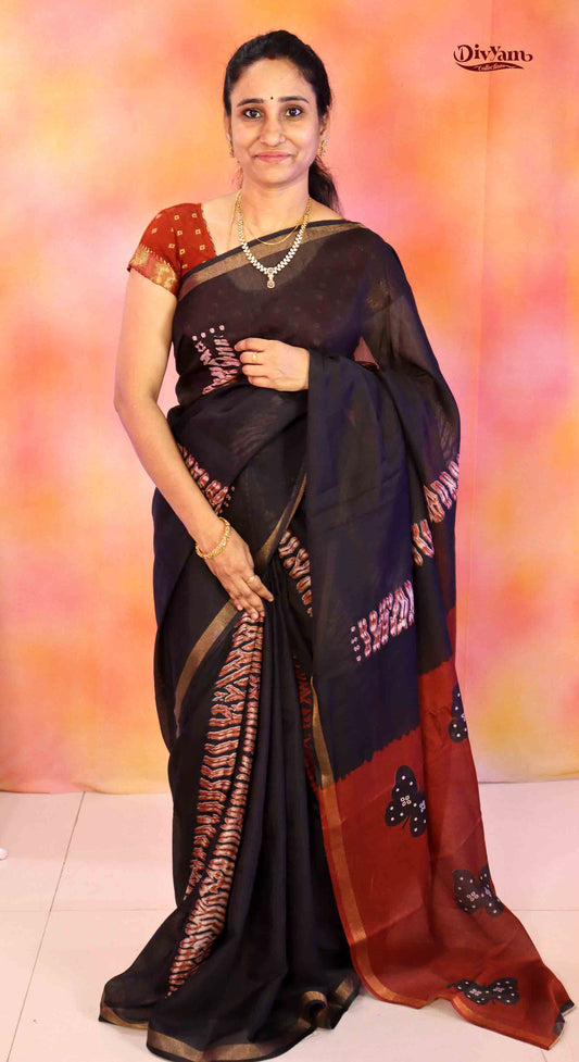 DC181 | Butterfly Journey Saree – Cotton Silk Blend | Black & Burnt Orange Elegant Combo