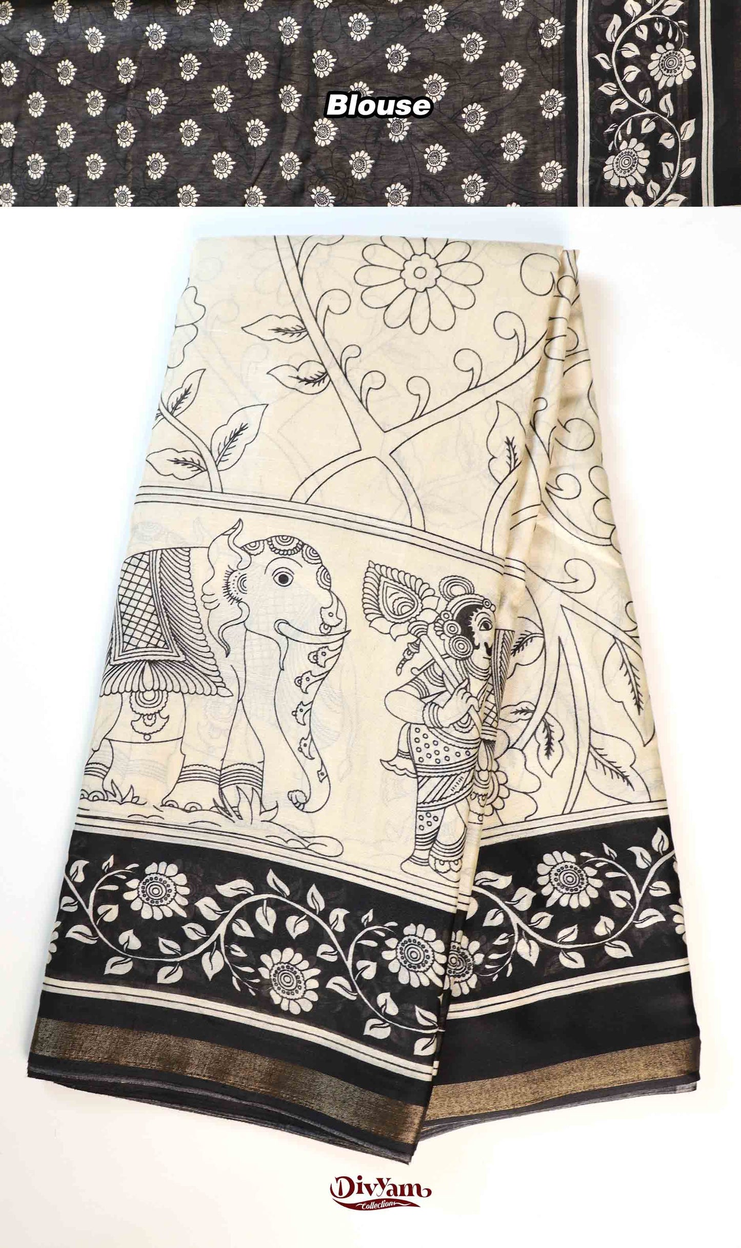 DC208 | Modal Silk Kalamkari Print Saree with Contrast Running Blouse