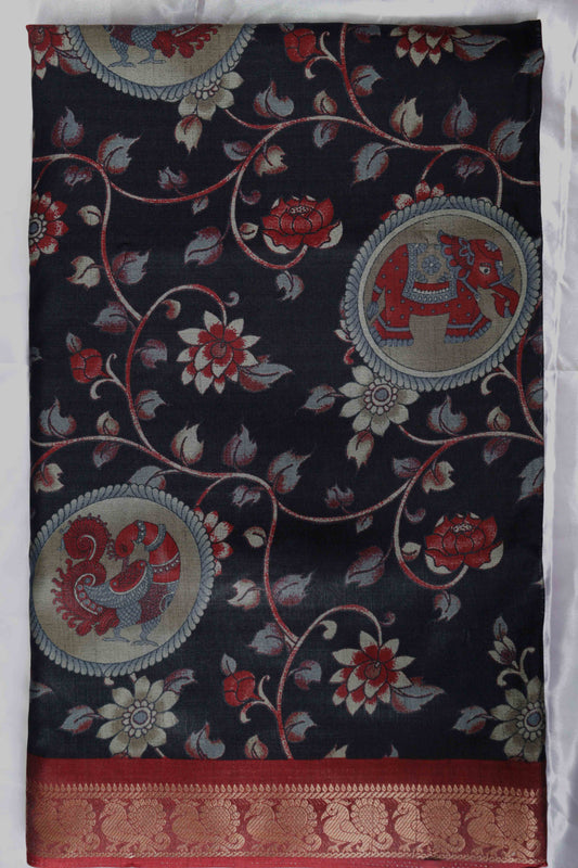 II Maheshwari Silk Saree with Narayana Pattu Border – Black with Red Border