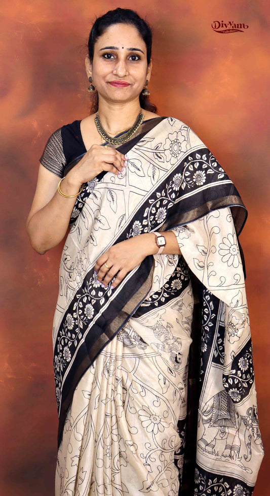 DC208 | Modal Silk Kalamkari Print Saree with Contrast Running Blouse