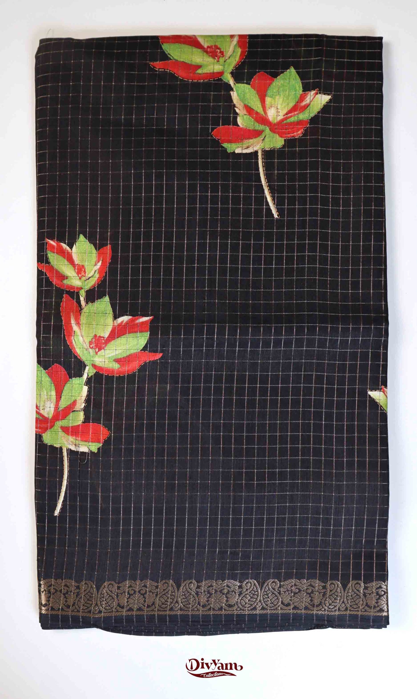 DC183 | Mangalagiri-Inspired Style | Dola Silk Jari Checks Saree with Floral Print & Running Blouse