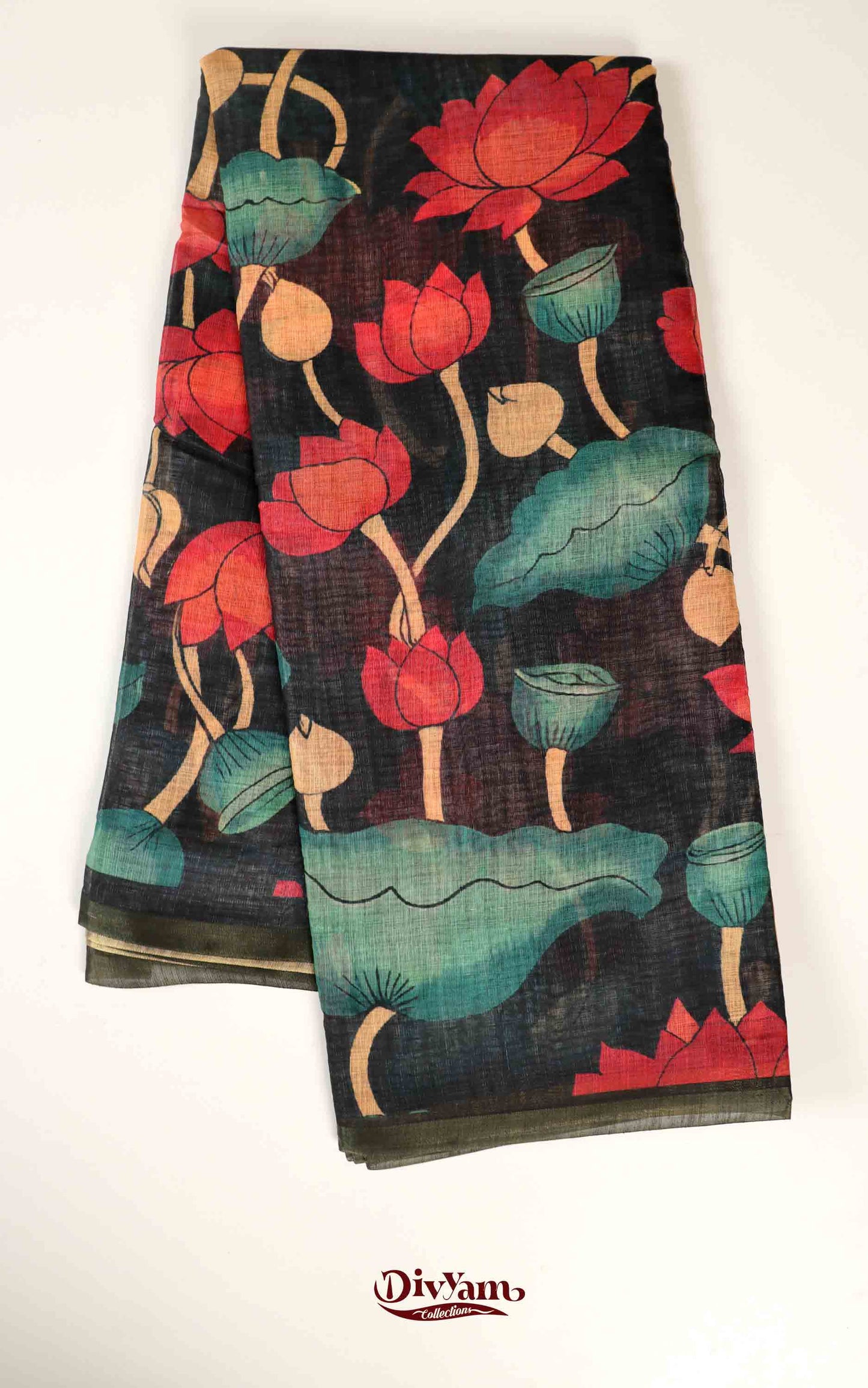 DC167 | Linen Cotton Saree with Pen Kalamkari Lotus Design | Pastel Shades | Artistic Blouse