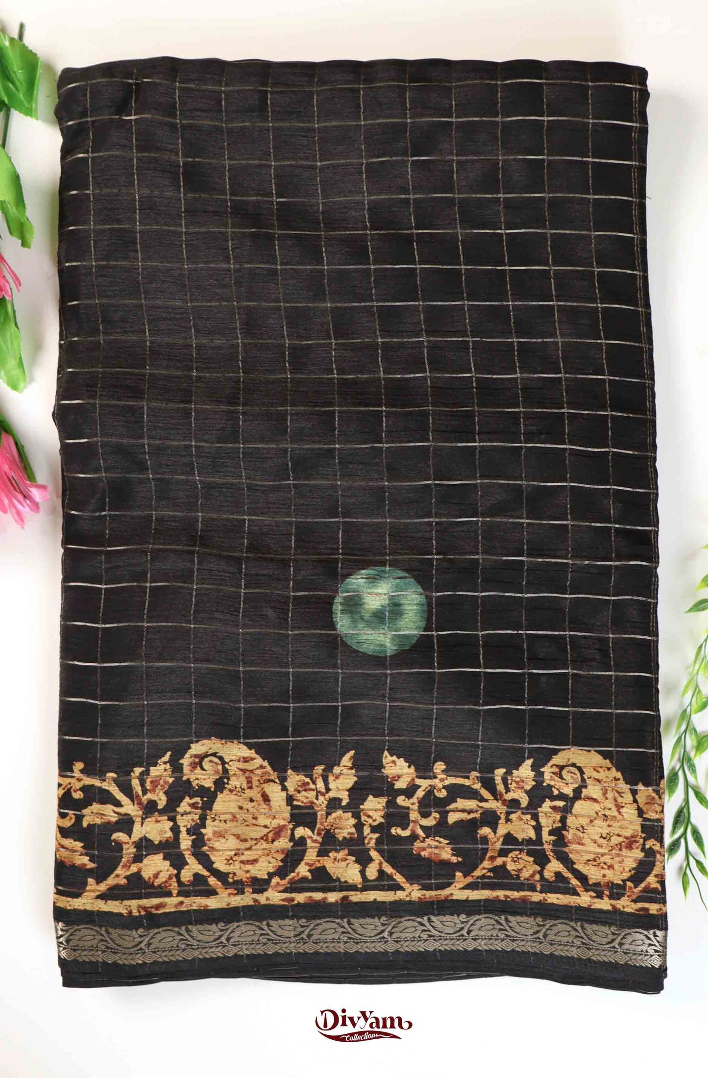 DC225 | Premium Chinon Crêpe Saree with Jari Checks & Floral Accents