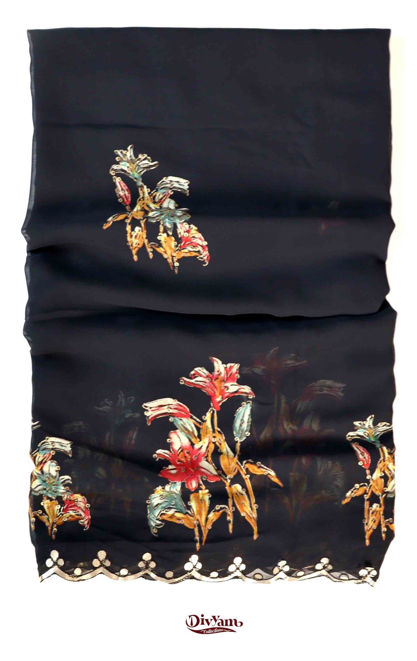 DC202 | Pure Chiffon Floral Print Saree with Cut work Border