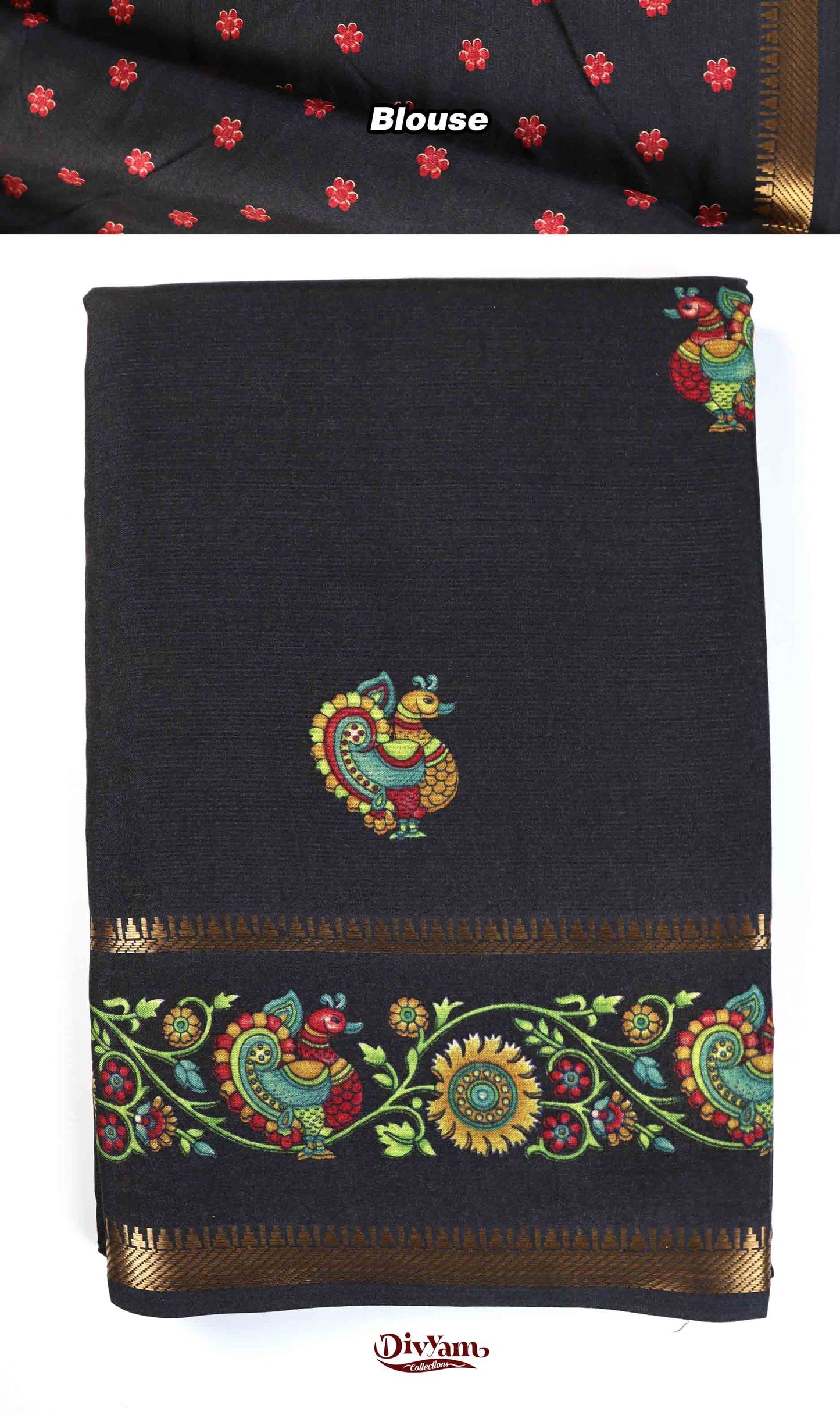 DC239 | Soft Silk Kalamkari Saree with Zari Temple Gap Border | Premium Ethnic Wear