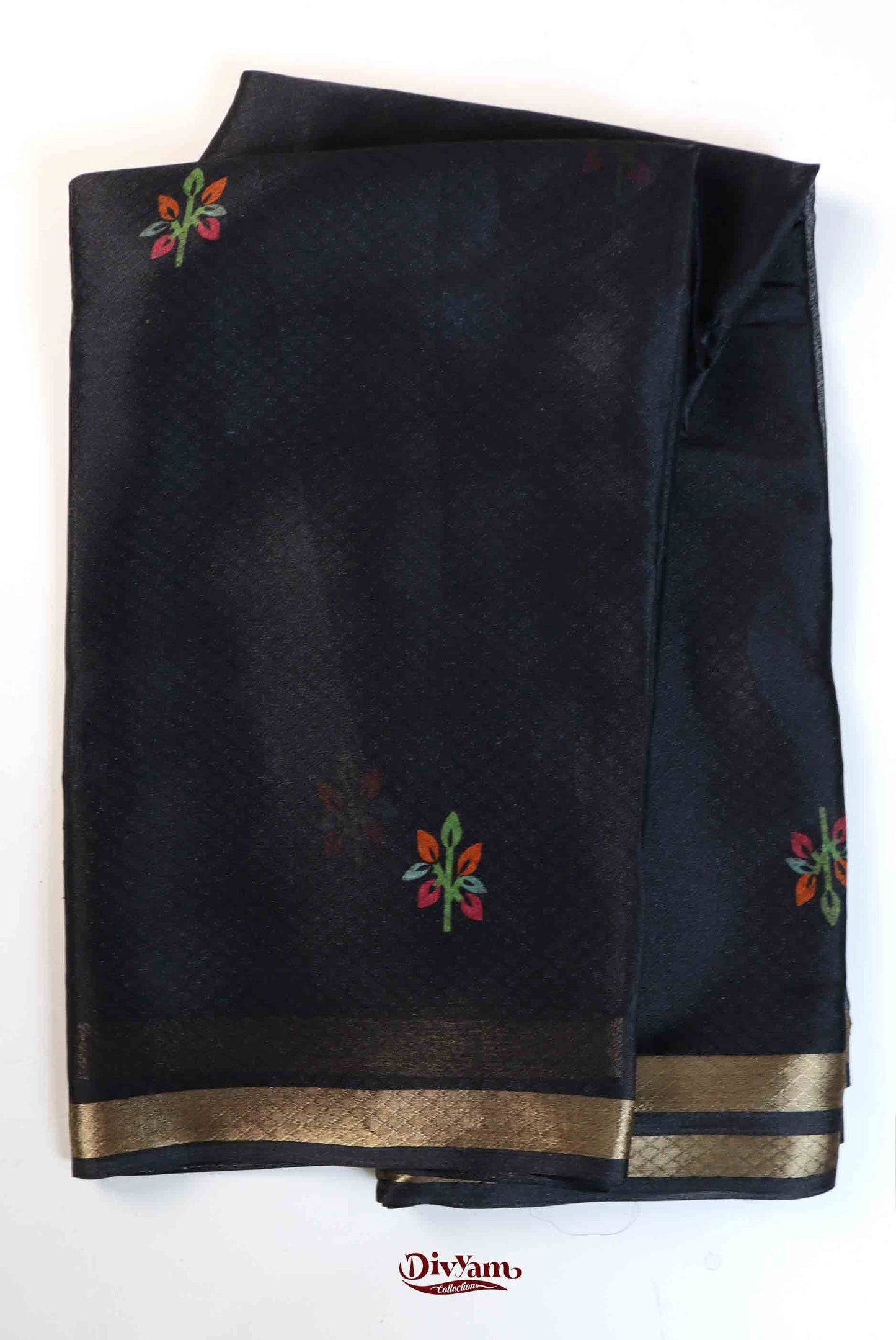 DC207 | Glass Silk Saree with Floral Motifs & Leaf Pallu Design