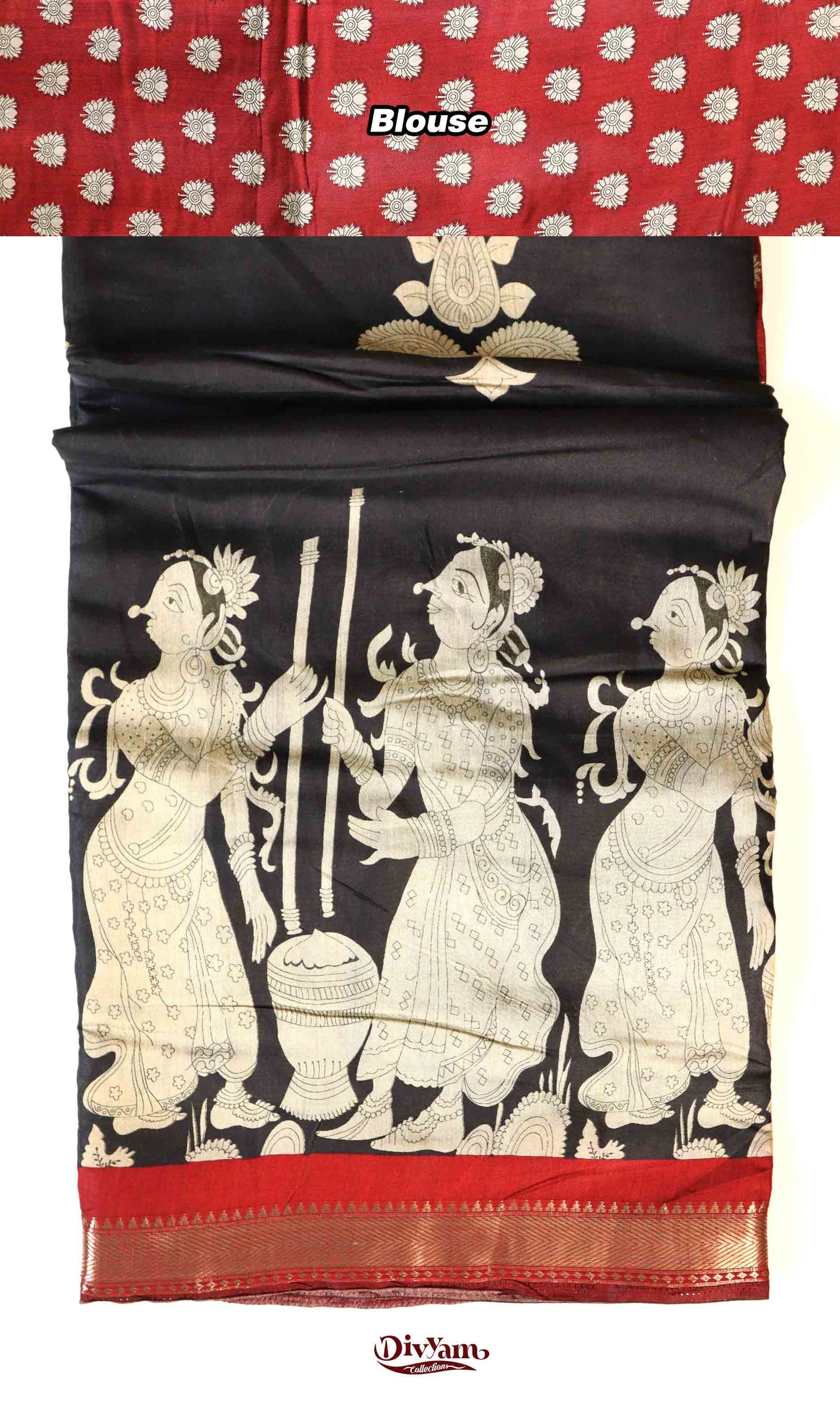 DC153 | Pure Maheshwari Saree with Kalamkari Print & Maroon Temple Zari Border | Lotus Motif Blouse