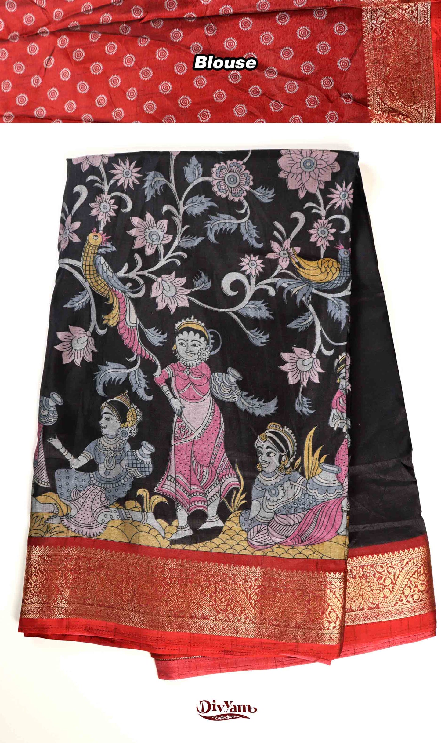 DC234 | Maheshwari Silk Saree with Floral & Dancing Dolls Kalamkari Design | Flora Zari Border