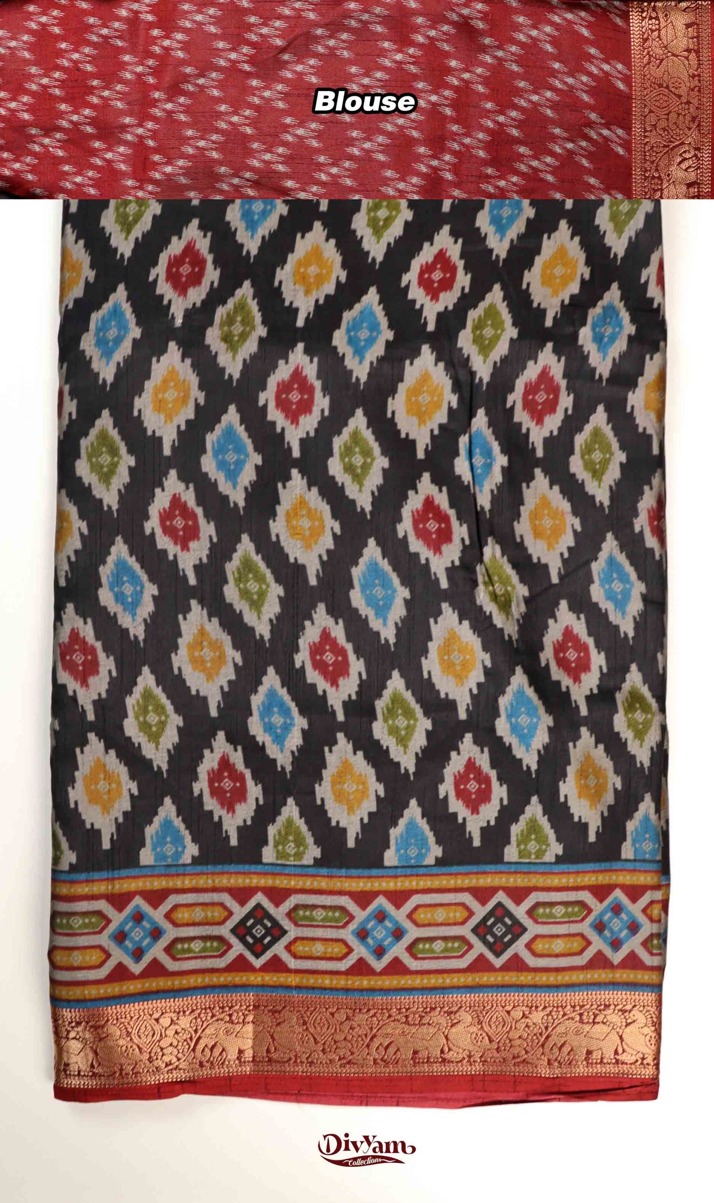 DC230 | Maheswari Silk Saree with Ikat Print & Pichwai Zari Border