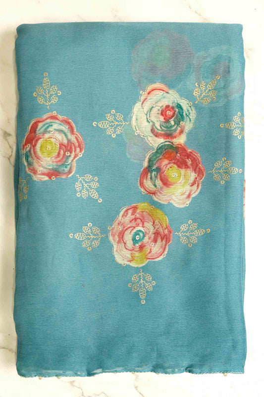 DCCH47 | Pastel Blue Pure Chiffon Saree with Floral Print & Beaded Border | Soft & Elegant