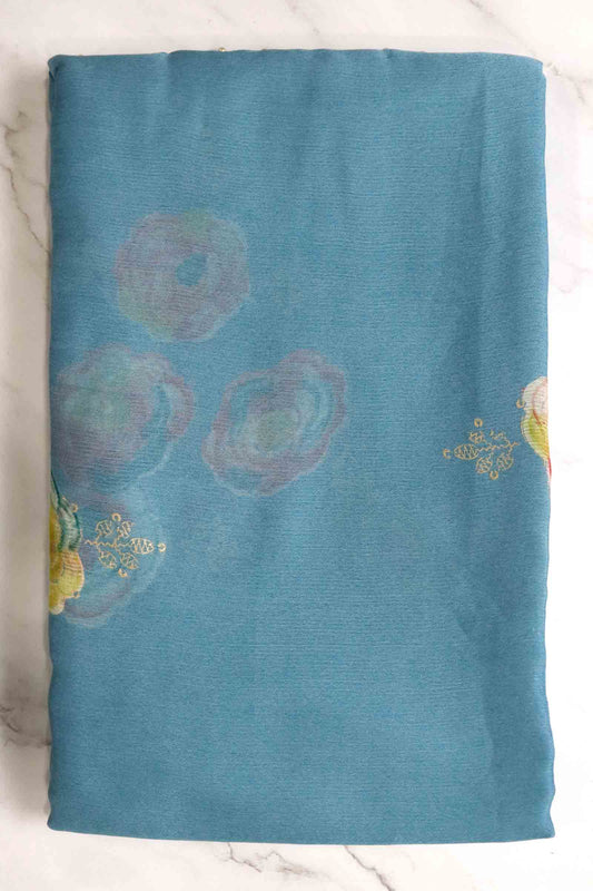 DCCH47 | Pastel Blue Pure Chiffon Saree with Floral Print & Beaded Border | Soft & Elegant