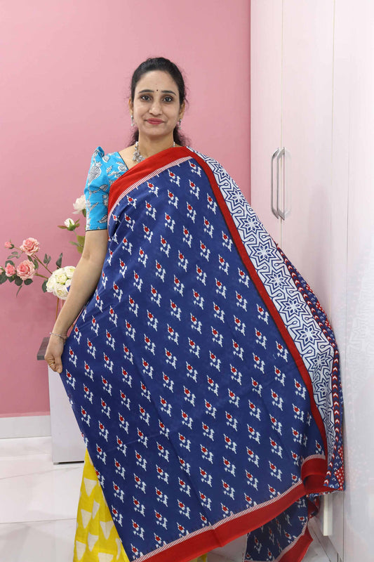 DC99 | Navy Blue With Red – Pure Mulmul Cotton Jaipuri Hand Block Printed Saree