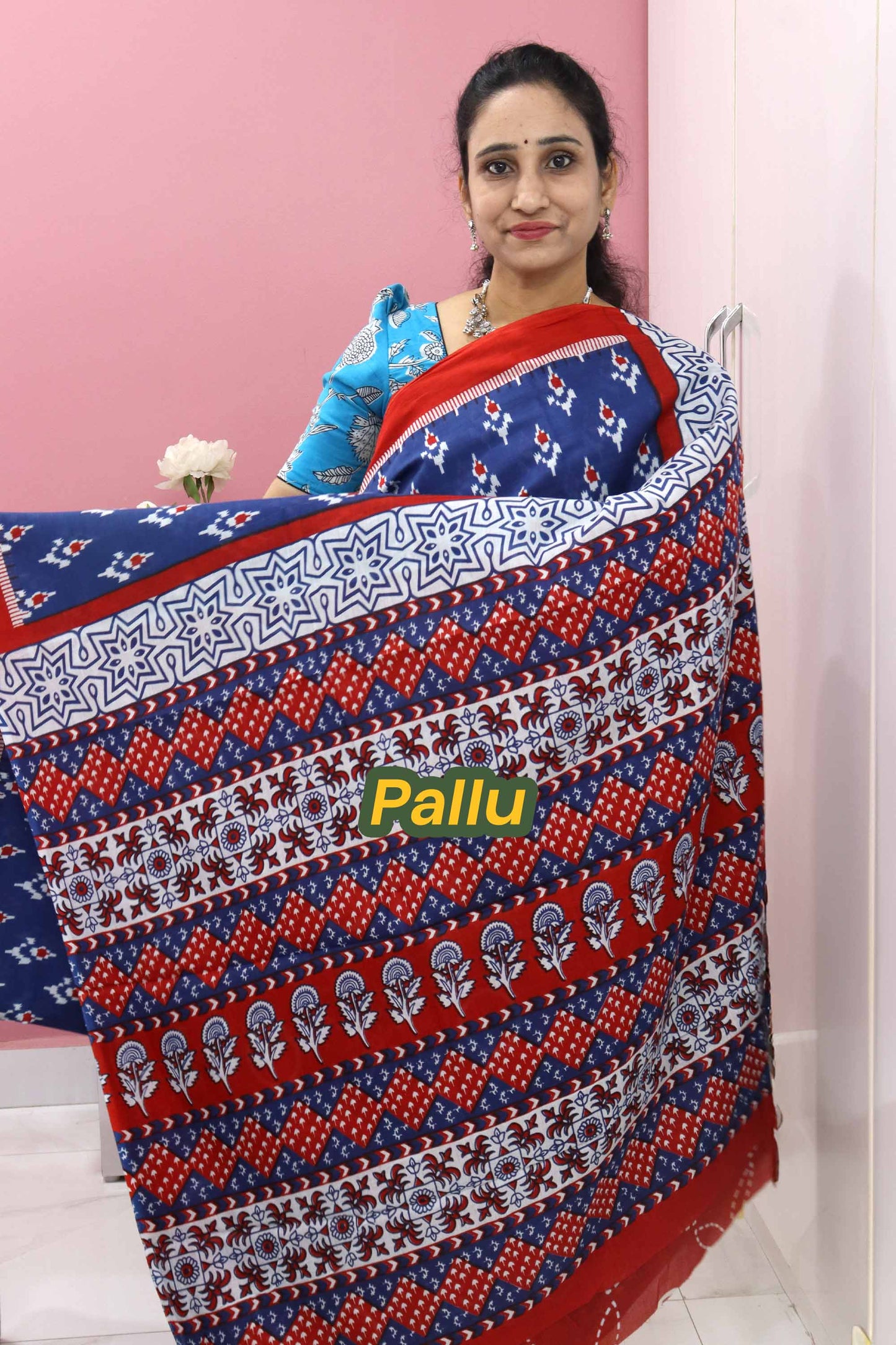 DC99 | Navy Blue With Red – Pure Mulmul Cotton Jaipuri Hand Block Printed Saree