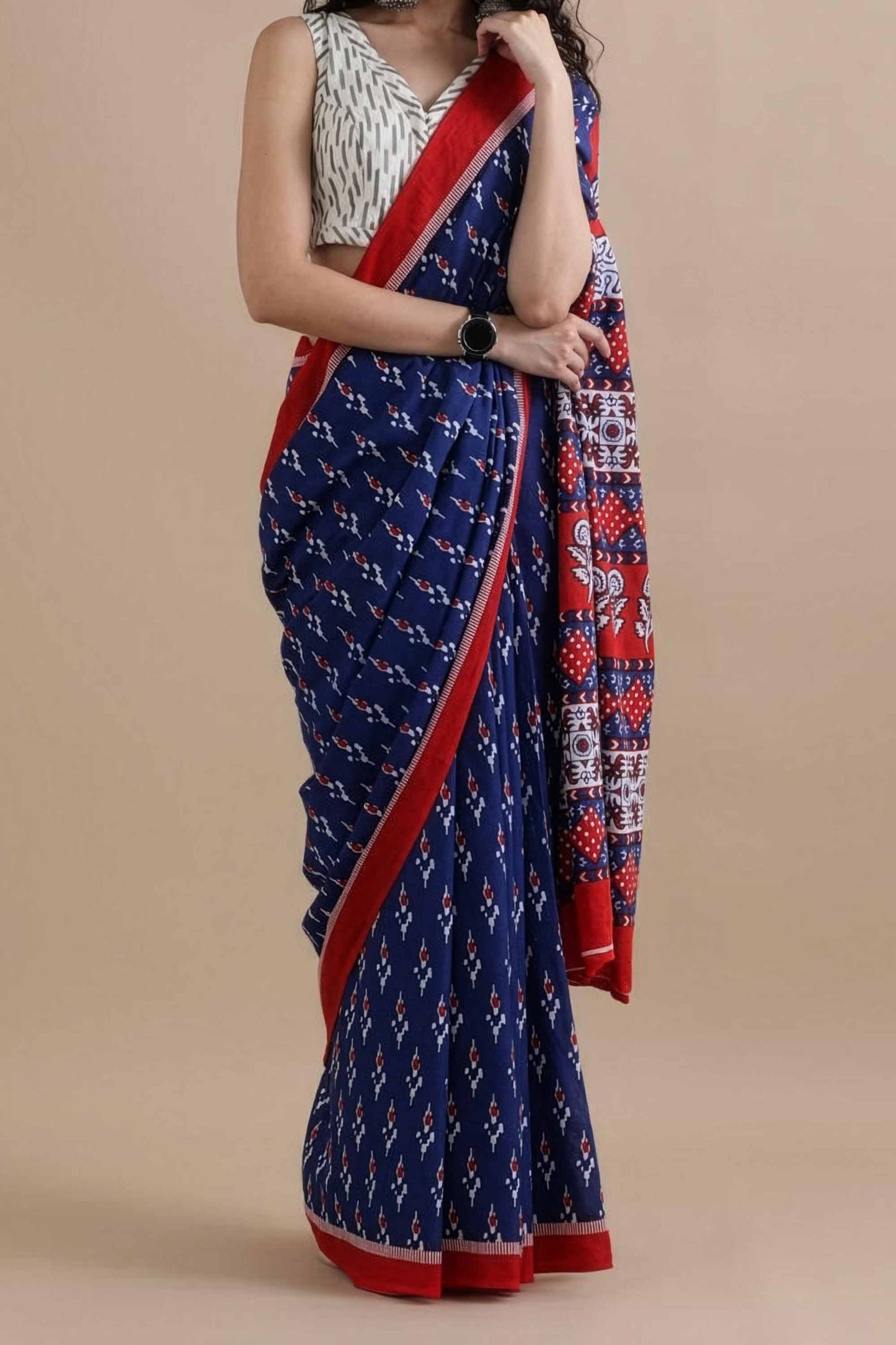 DC99 | Navy Blue With Red – Pure Mulmul Cotton Jaipuri Hand Block Printed Saree