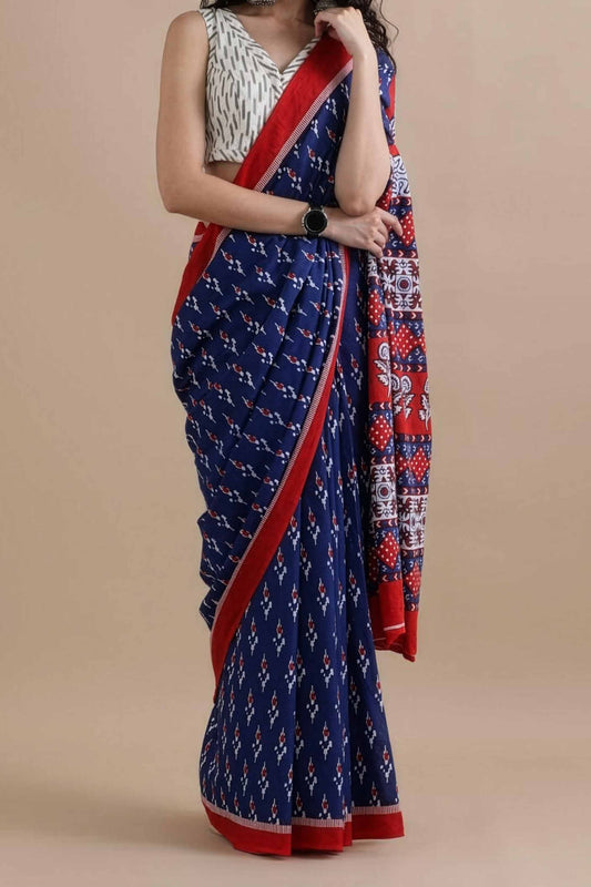 DC99 | Navy Blue With Red – Pure Mulmul Cotton Jaipuri Hand Block Printed Saree