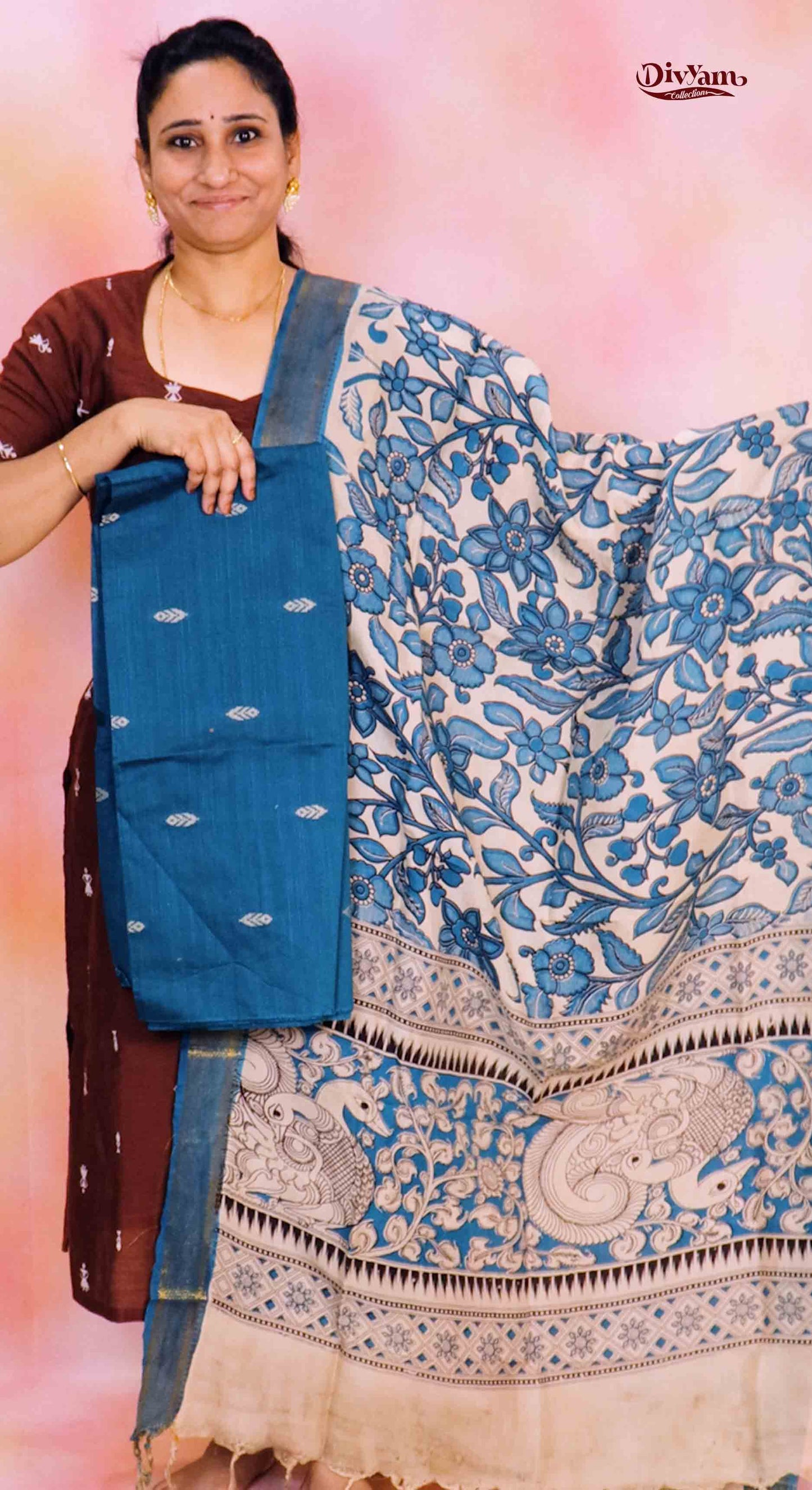 DC237 | Raw Silk Dress Material with Chennuri Silk Kalamkari Dupatta & Original Nizam Border
